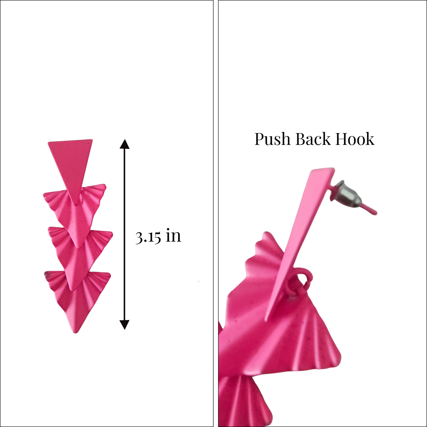 Pink hair bow with push back hook and measurement details on a white background