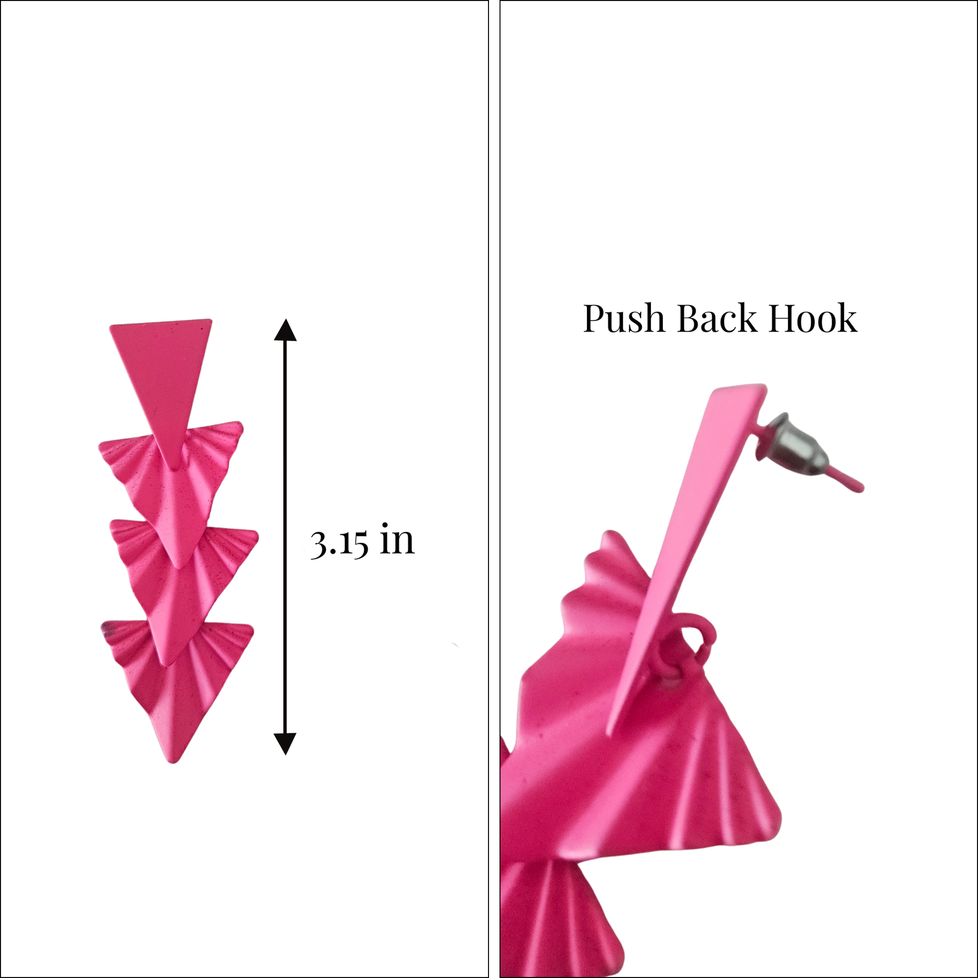 Pink hair bow with push back hook and measurement details on a white background