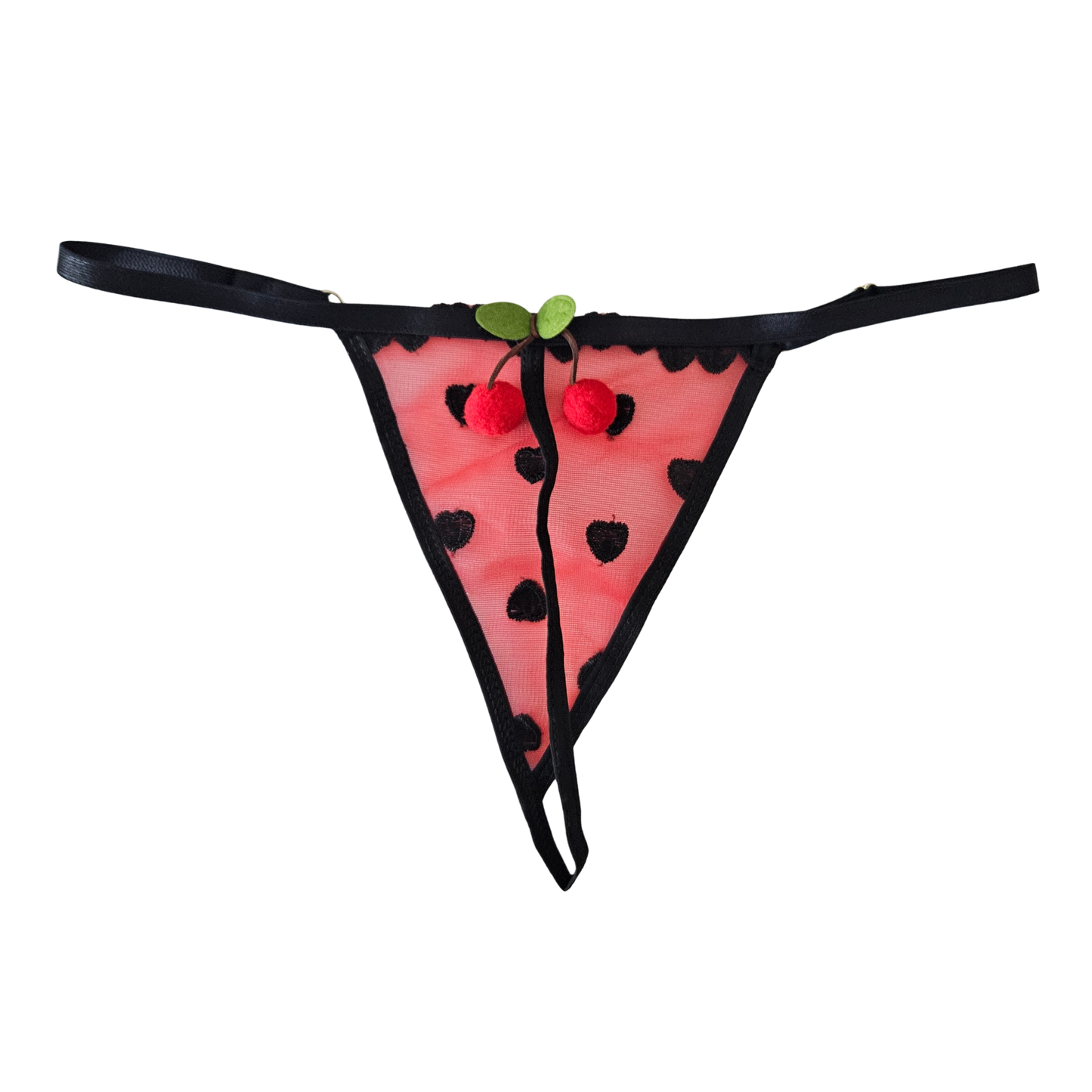 Back of black mesh thong with black heart embroidery and black adjustable straps.