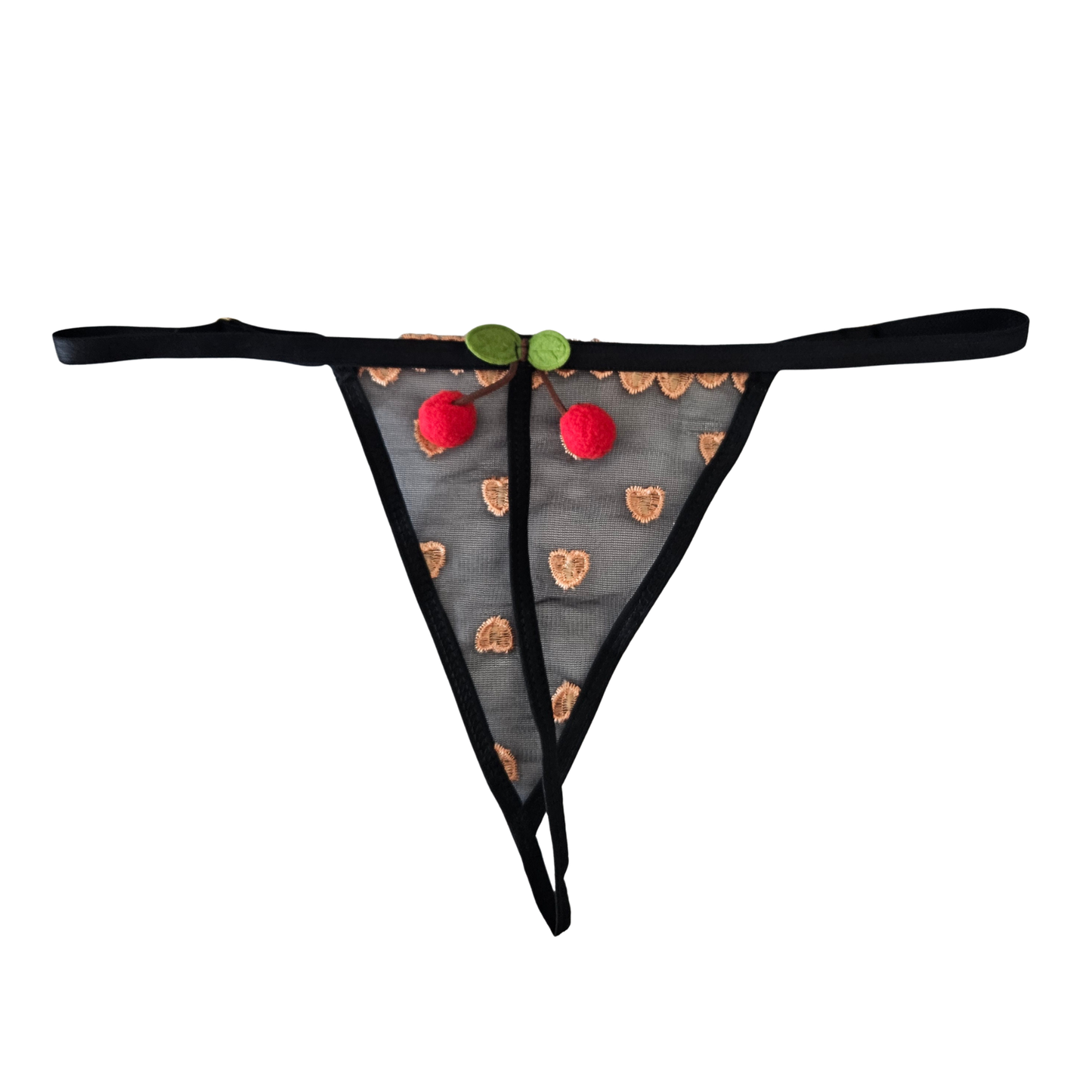 Back of black mesh thong with gold heart embroidery and black adjustable straps.