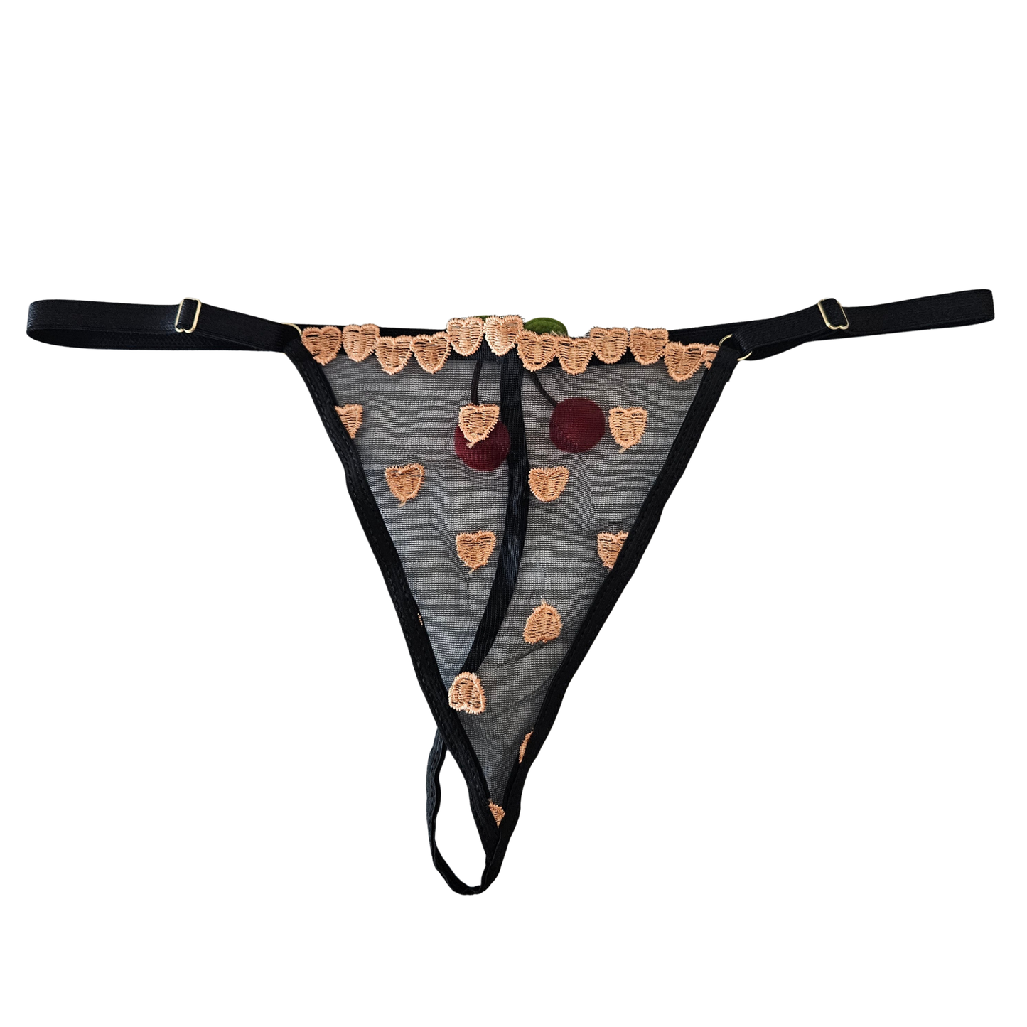 Black mesh thong with gold heart embroidery and black adjustable straps.
