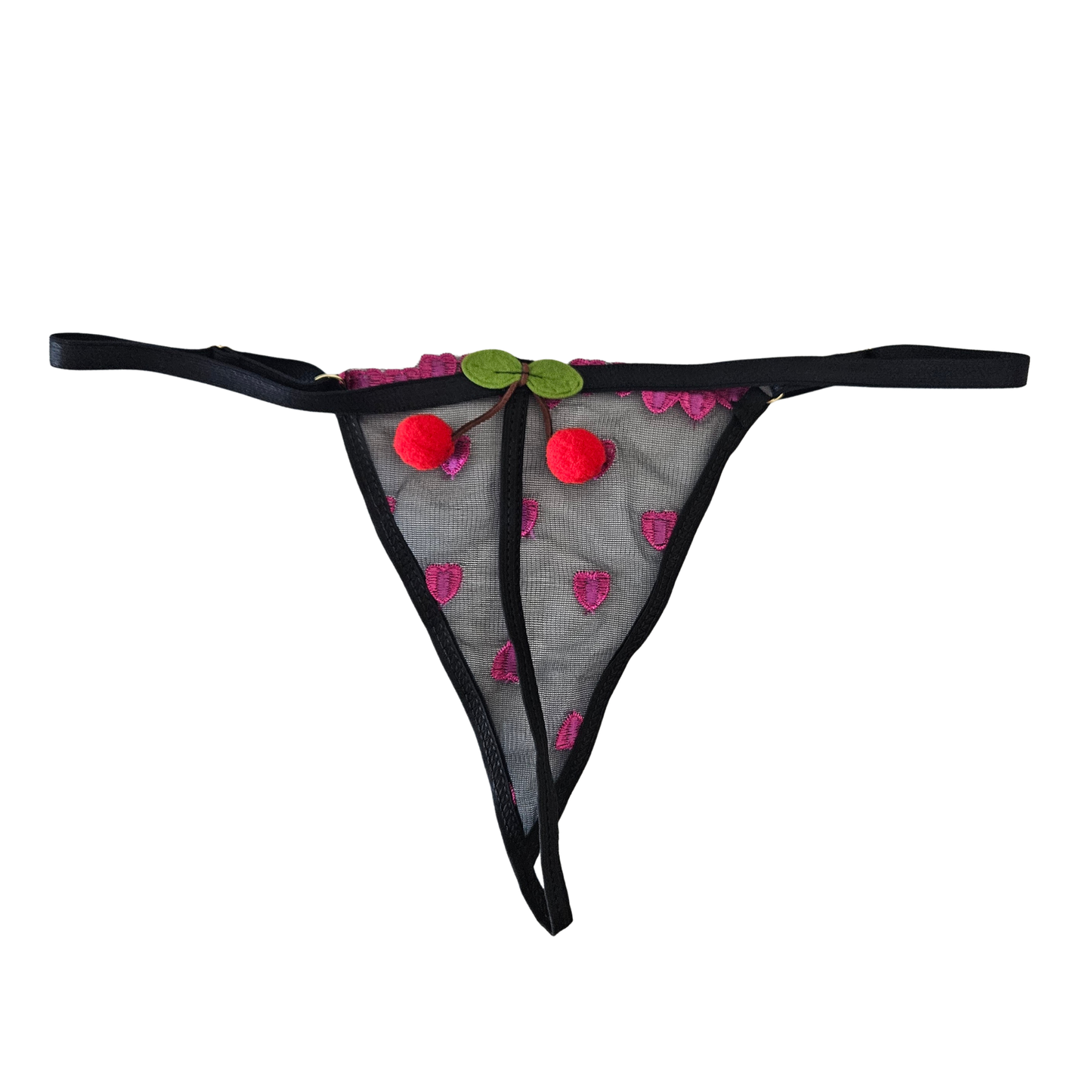 Back of black mesh thong with pink heart embroidery and black adjustable straps.