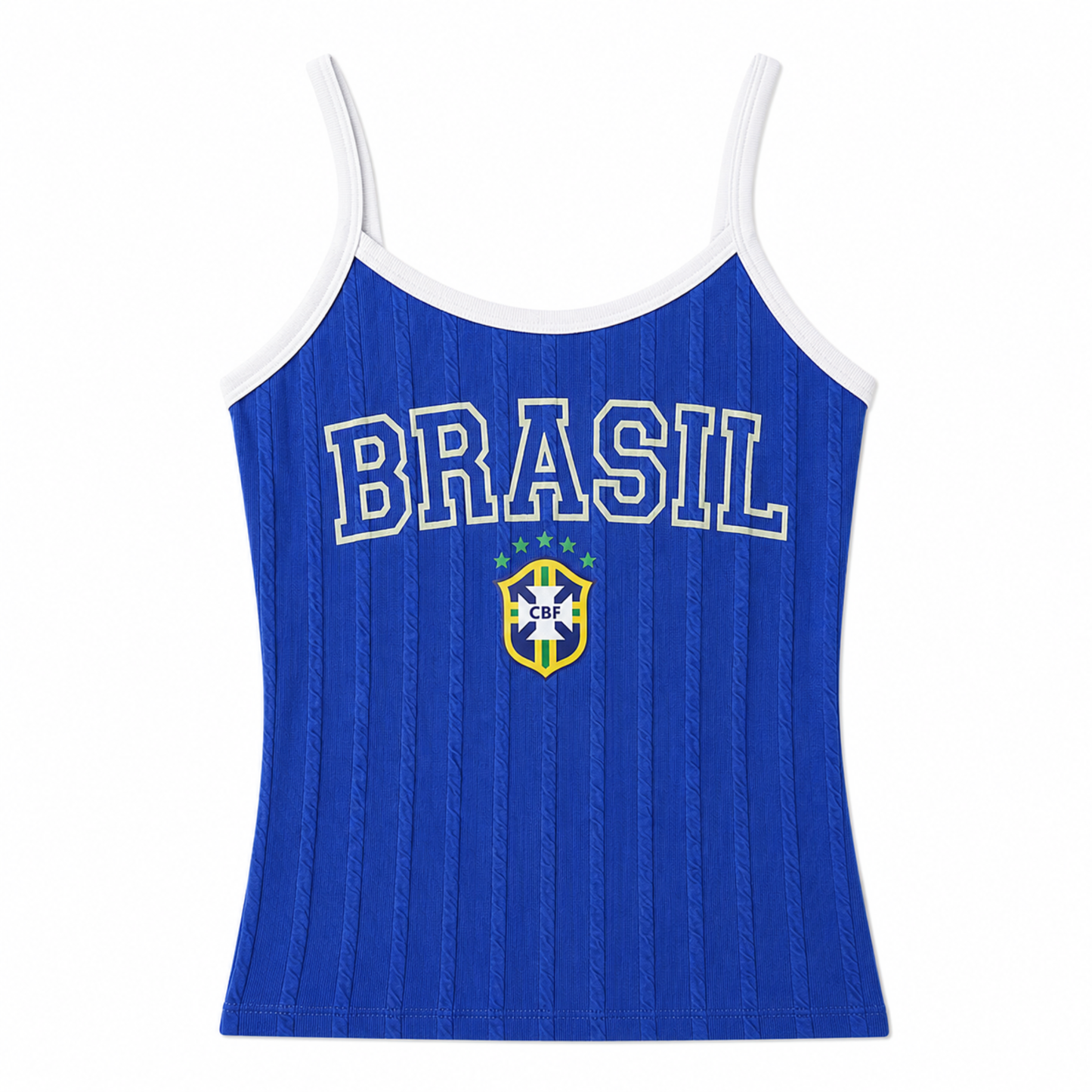 Blue tank top with 'BRASIL' and a logo on a white background