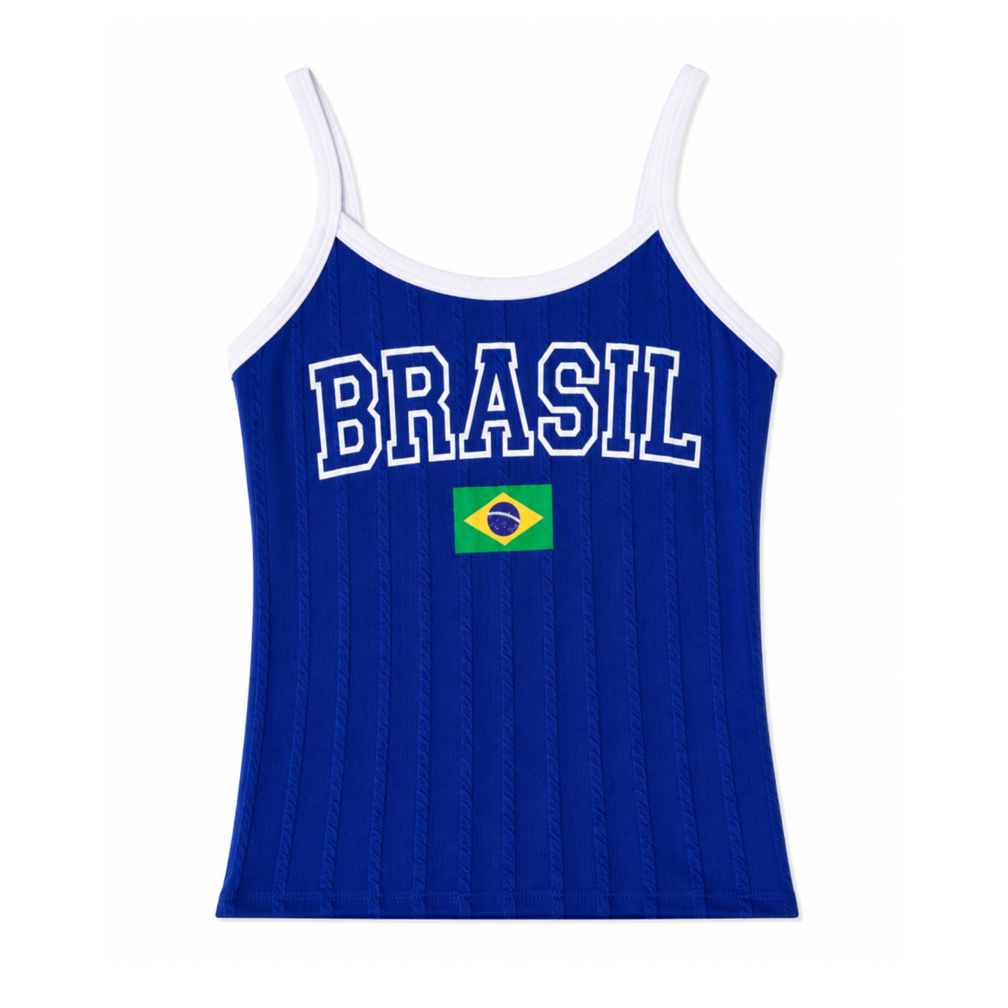 Blue ribbed Brazil World Cup tank top with built-in padded cups and sporty Brazil style