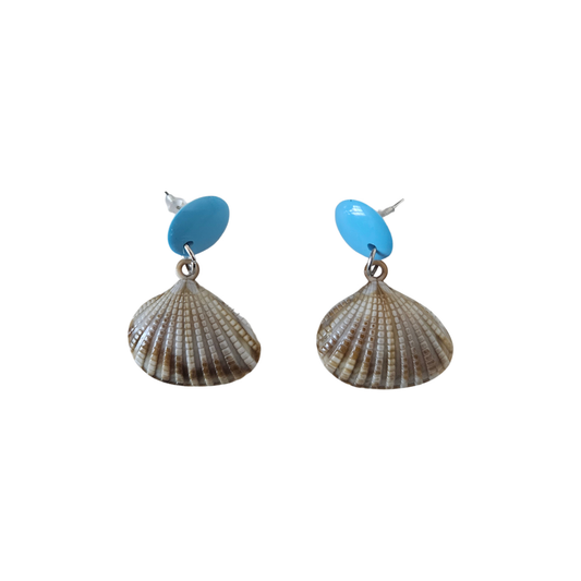 Shell-shaped earrings with blue beads on a white background