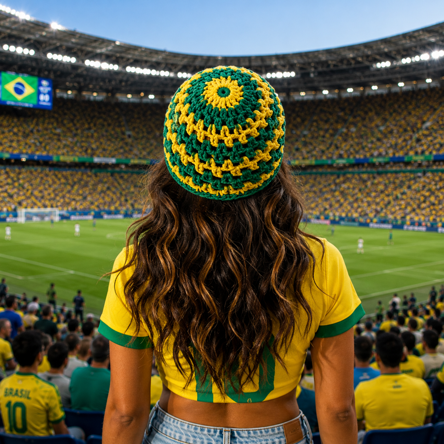 Model wearing Brazil Spirit crochet cap in green and yellow colors at a soccer stadium