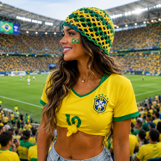 Woman in Brazil-themed outfit at a sports event with stadium in the background