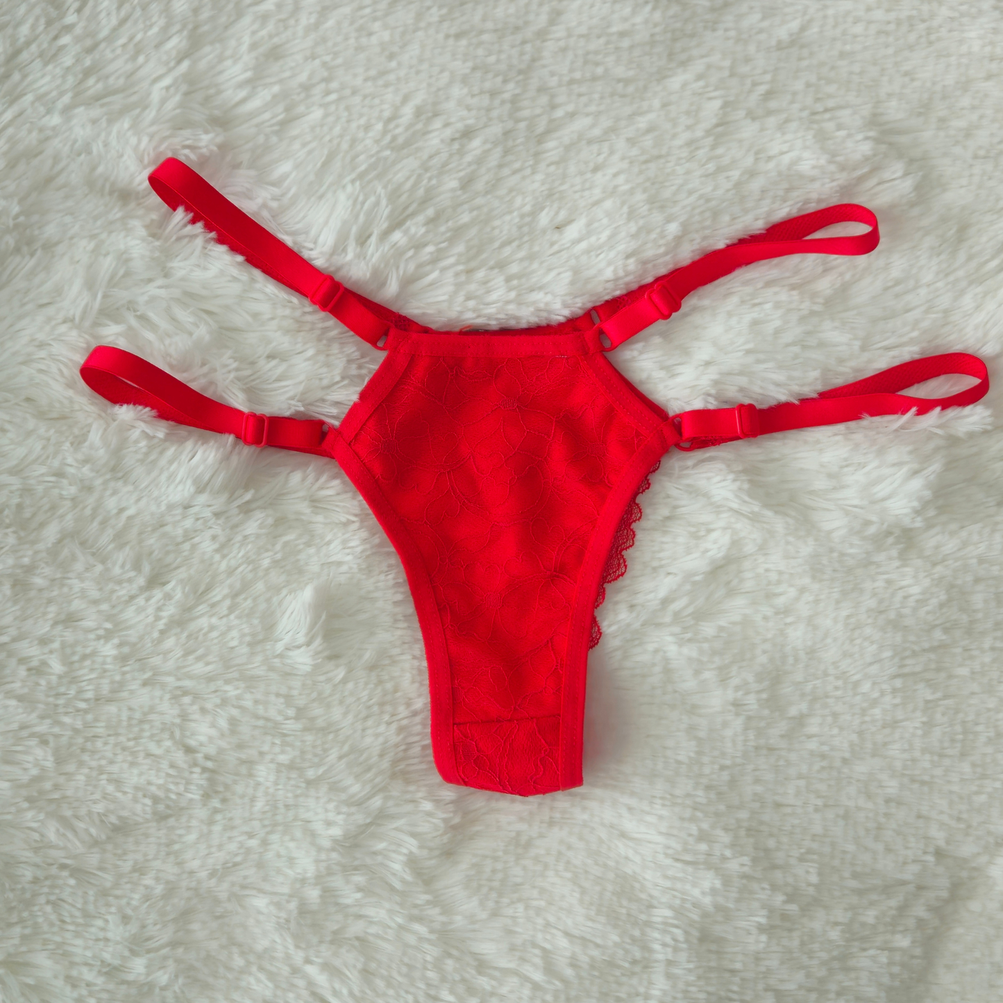 Front view of Pink Brilho Strappy Lace G-String and adjustable four-strap system