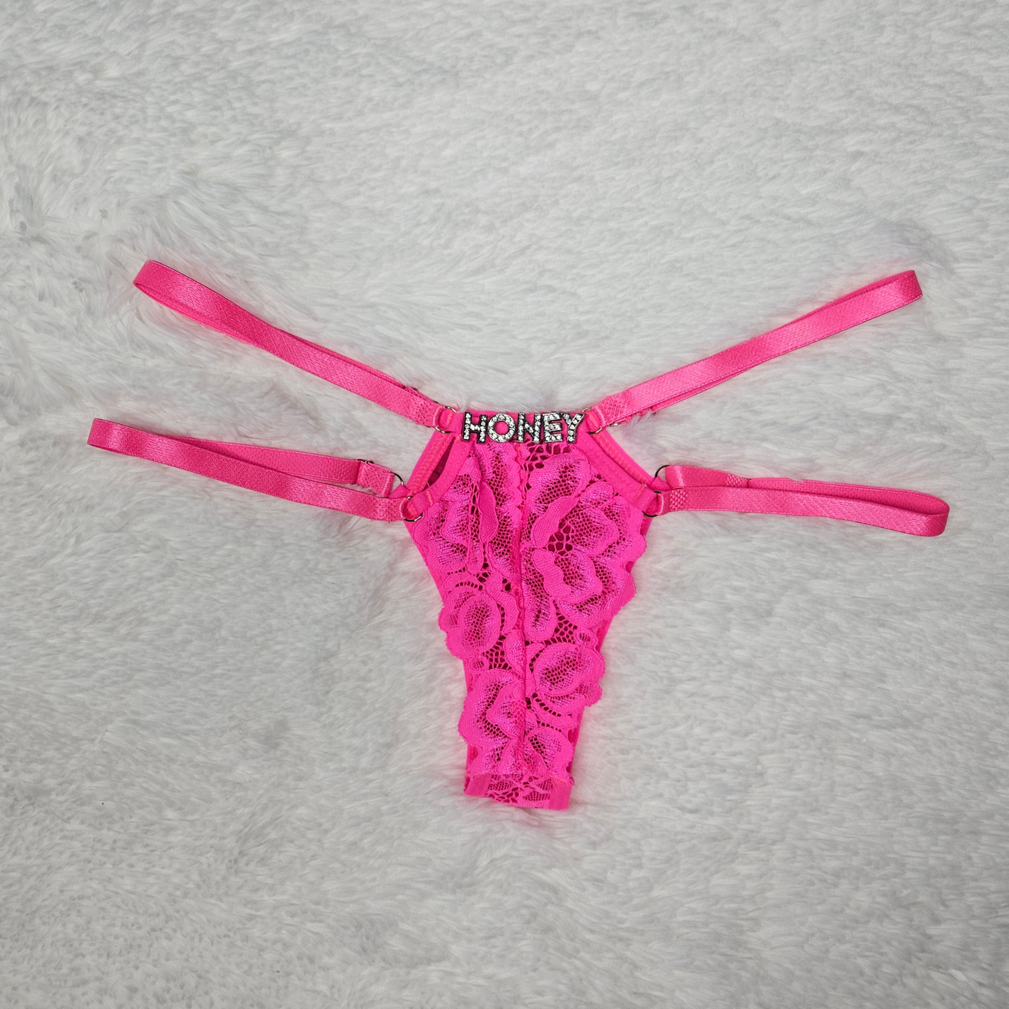 Rita Rosa pink floral lace statement G-string featuring a HONEY rhinestone word and premium adjustable four-strap system