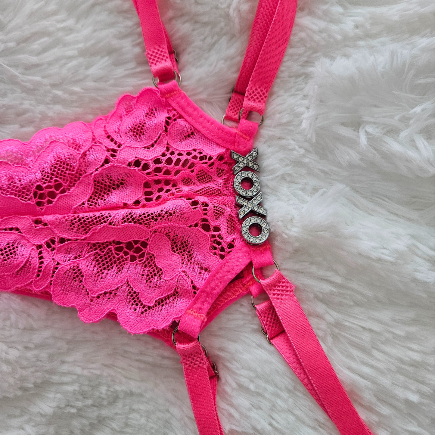 Rita Rosa pink floral lace statement G-string featuring a XOXO rhinestone word and premium adjustable four-strap system