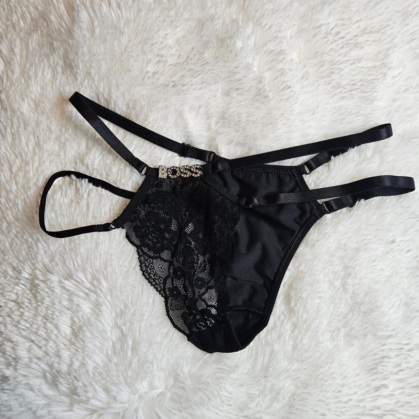 Back view of black Brilho Strappy Lace G-String with BOSS rhinestone hardware and adjustable four-strap system