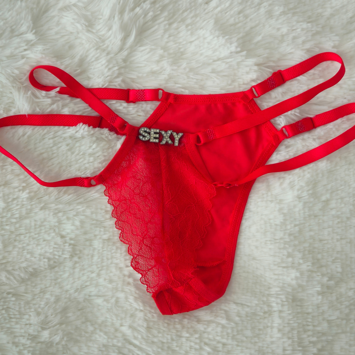 Back view of Red Brilho Strappy Lace G-String with SEXY rhinestone hardware and adjustable four-strap system