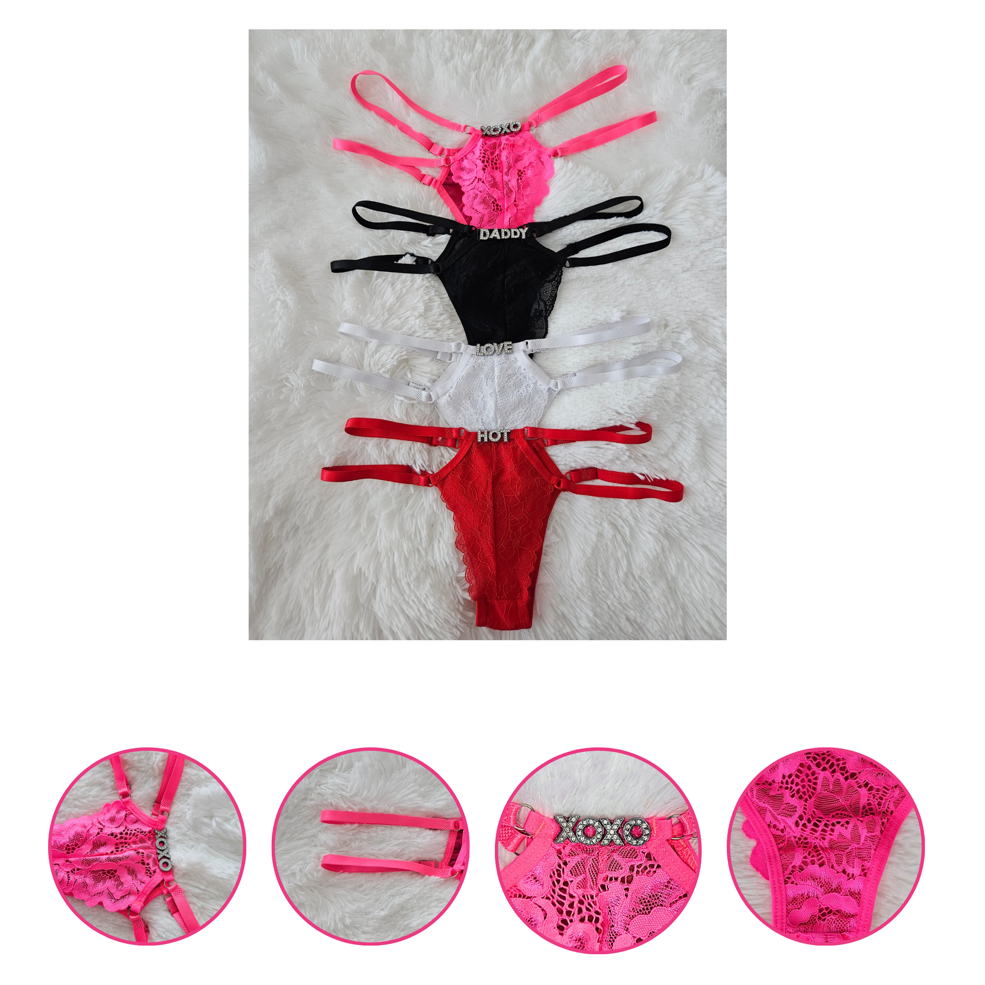 Feature display of Brilho Strappy Lace G-String highlighting adjustable hardware and premium floral lace details