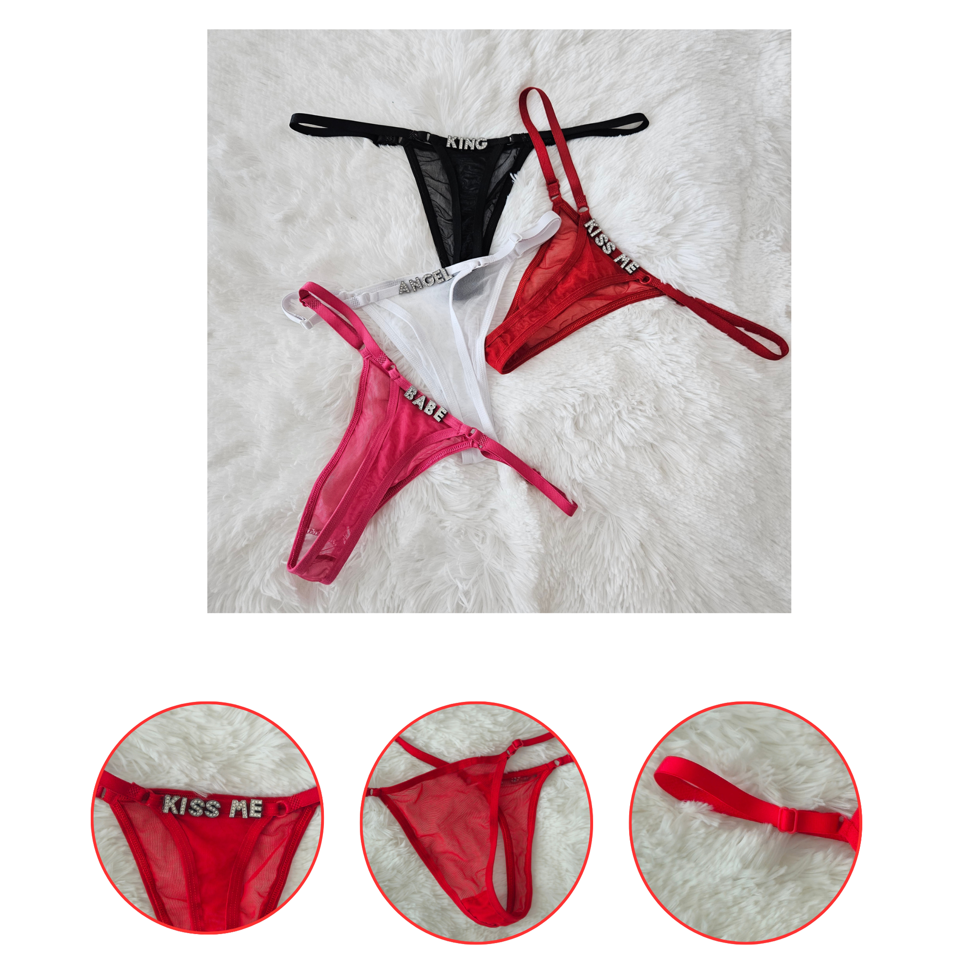 Rita Rosa Brilho Statement Collection detail view showing adjustable gold sliders, sheer Brazilian mesh, and hand-set rhinestone hardware in black, red, pink, and white.
