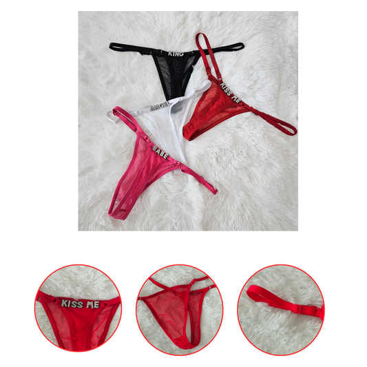 Rita Rosa Brilho Statement Collection detail view showing adjustable gold sliders, sheer Brazilian mesh, and hand-set rhinestone hardware in black, red, pink, and white.