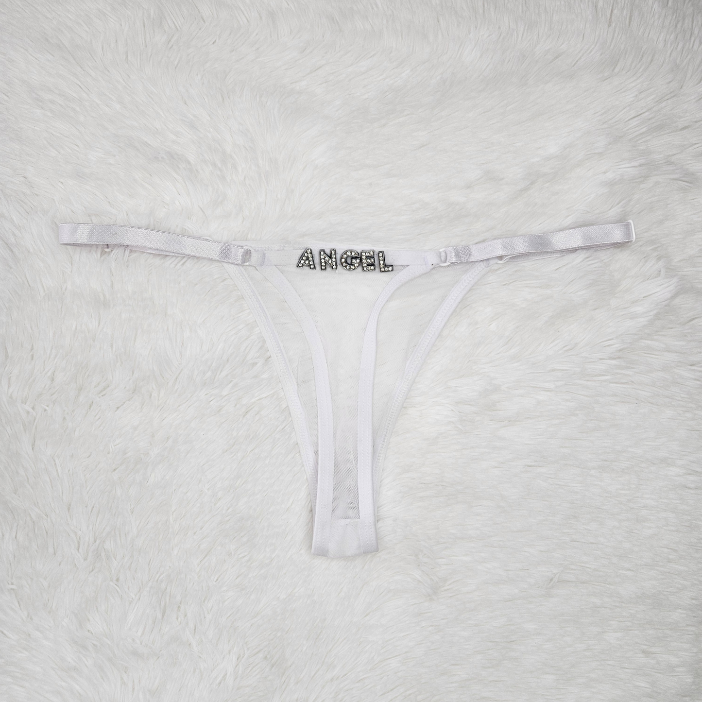 Bespoke white Brazilian mesh lingerie with ANGEL rhinestone hardware and gold sliders