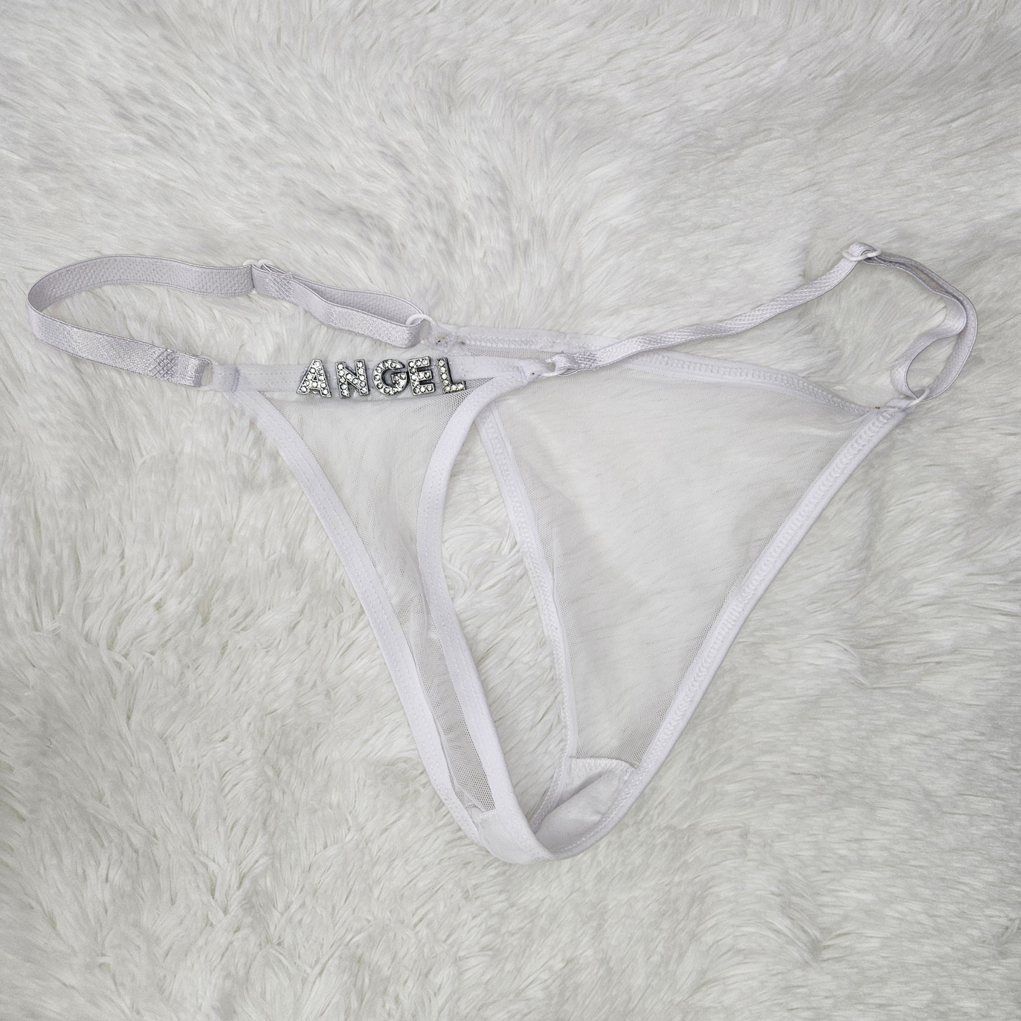 Bespoke white Brazilian mesh lingerie with rhinestone hardware