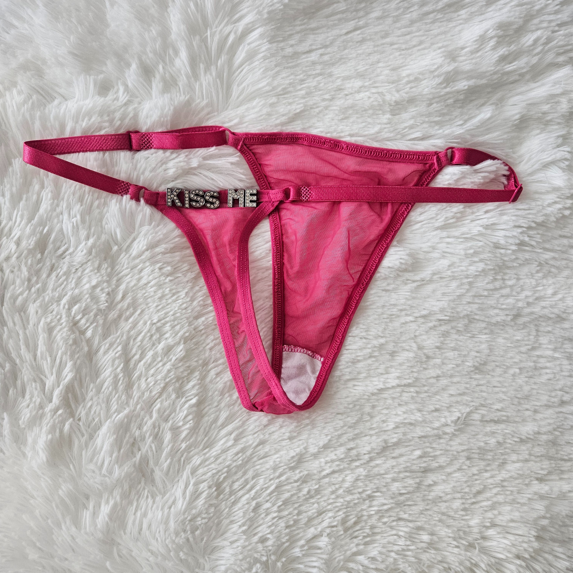 Bespoke pink Brazilian mesh lingerie with rhinestone hardware