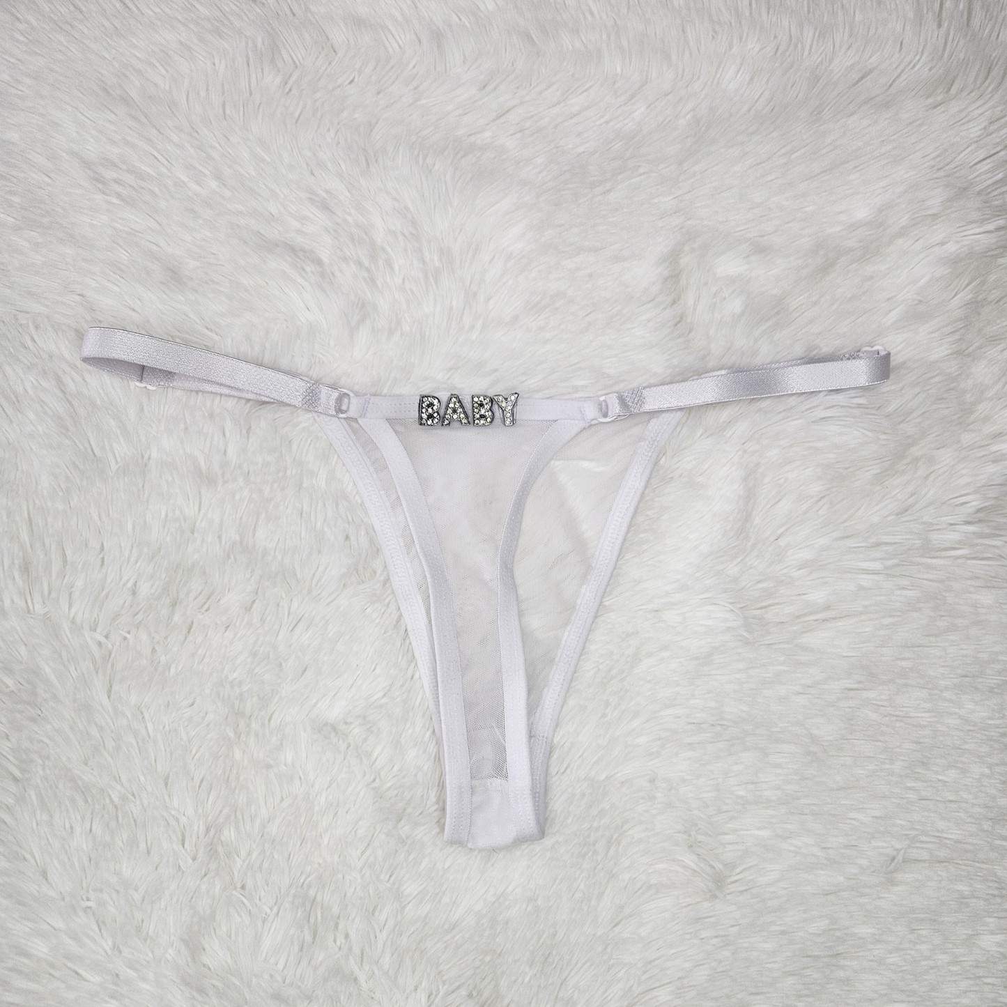 Bespoke white Brazilian mesh lingerie with BABY rhinestone hardware and gold sliders