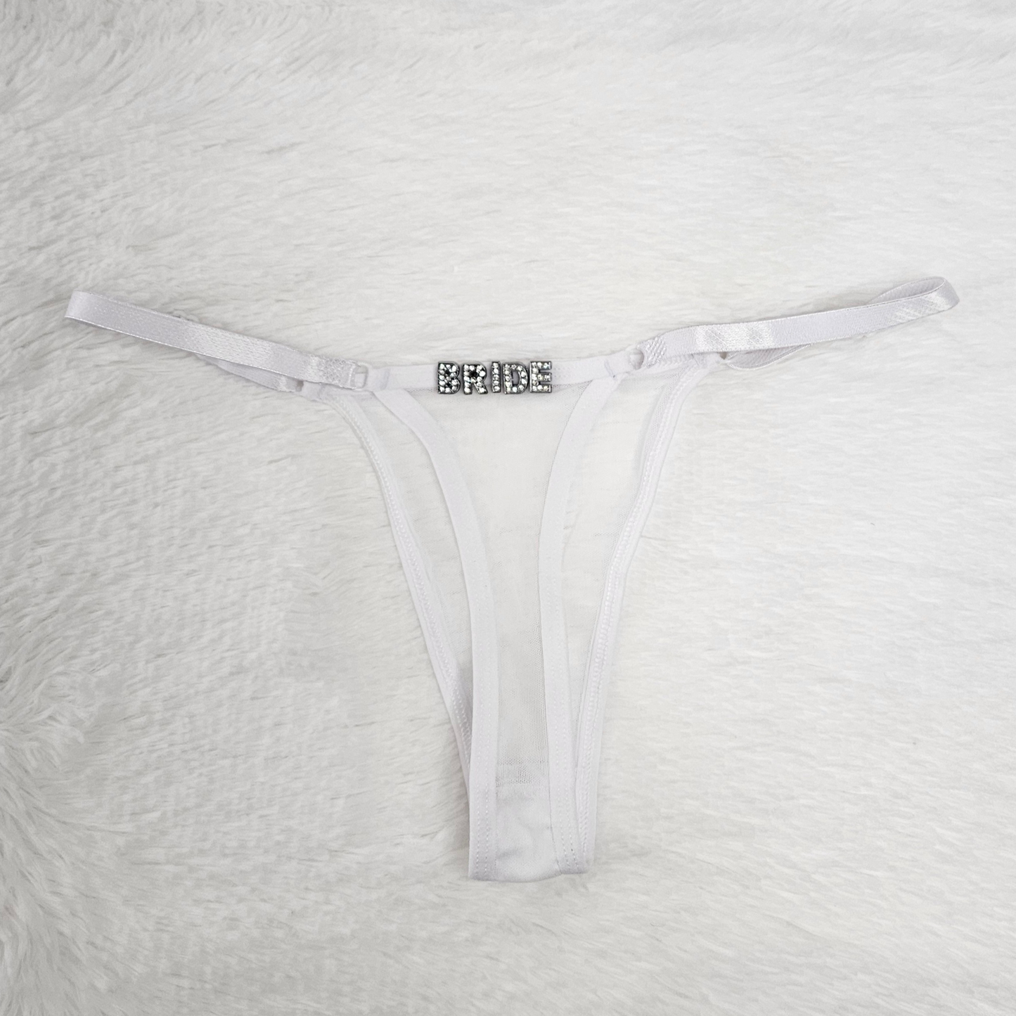 White sheer Brazilian mesh G-string with hand-applied BRIDE rhinestone statement.