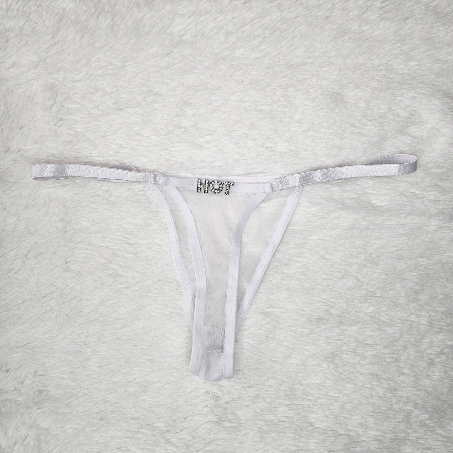 White sheer Brazilian mesh G-string with hand-applied HOT rhinestone statement.
