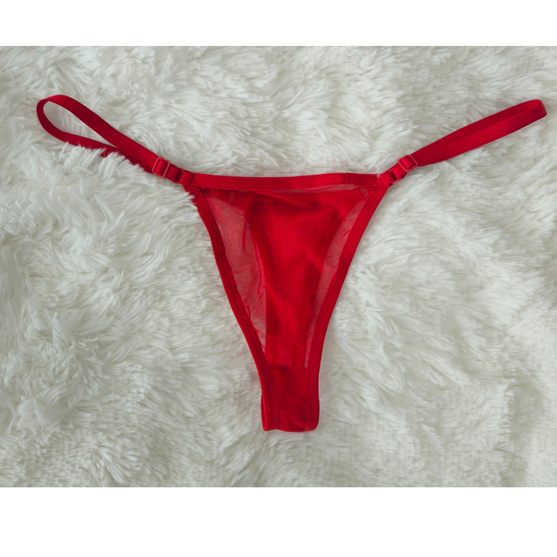 Hand-finished red Brazilian lace G-string with mesh fabric