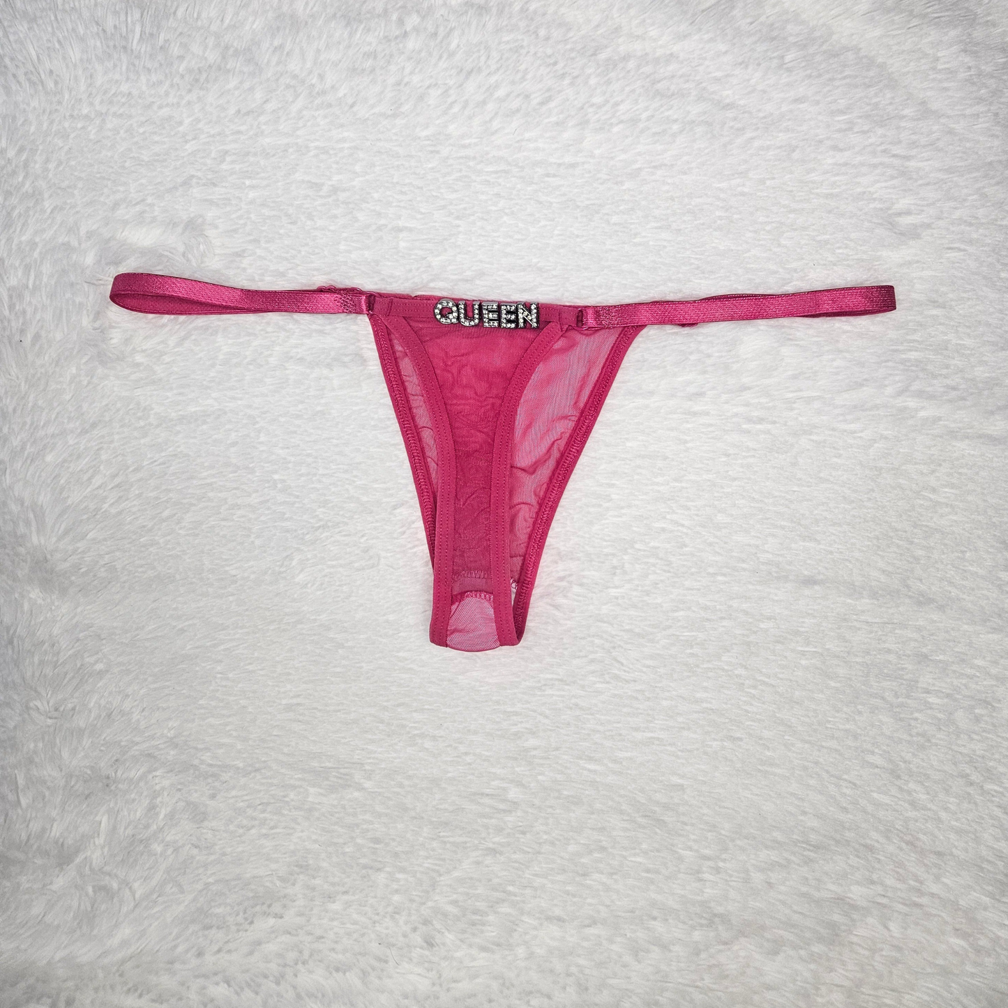 Hand-finished pink Brazilian lace G-string with QUEEN rhinestone statement charm