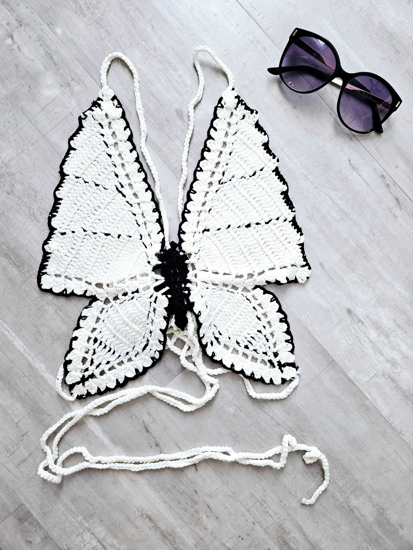 Handmade Crochet Top - Butterfly Pattern in Off-White and Black, Adjustable Tie Straps