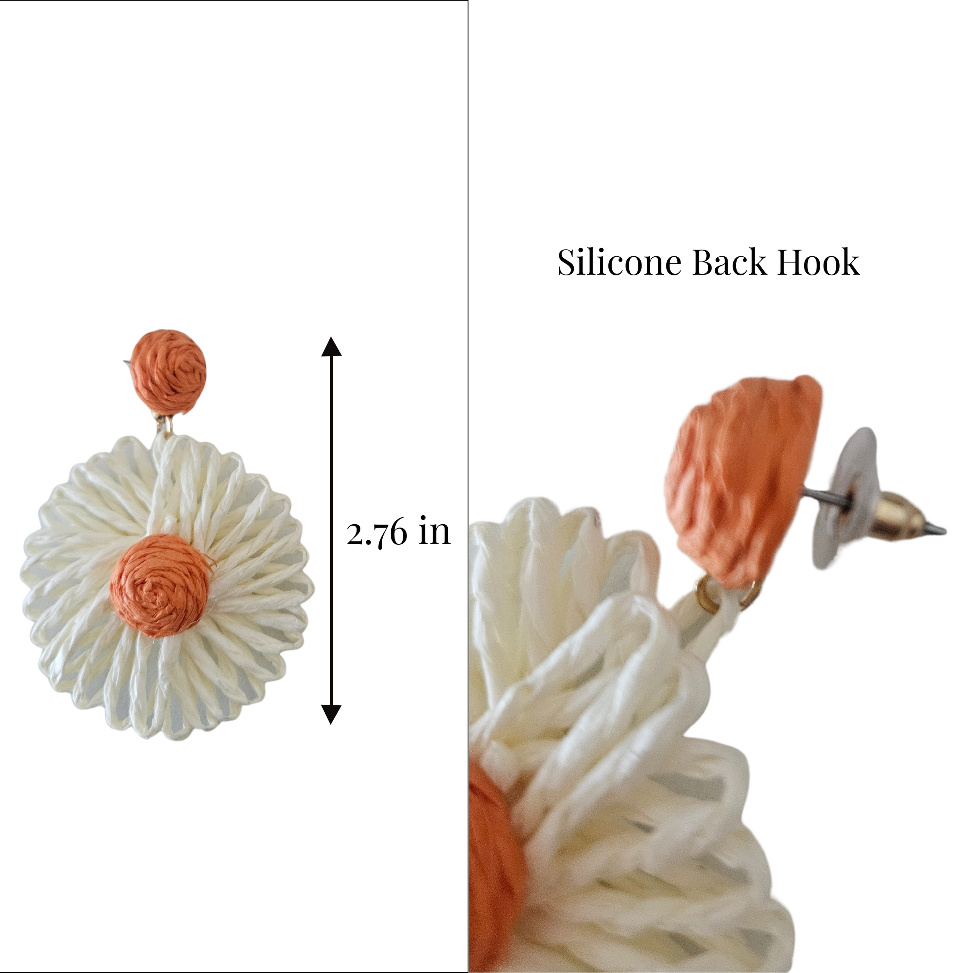 Daisy bloom rattan drop earring with silicone back hook and measurement details on a white background.