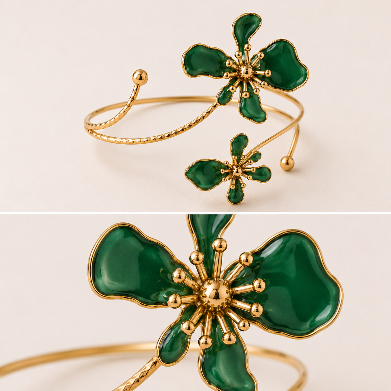 Emerald green floral gold cuff bracelet with adjustable open cuff design
