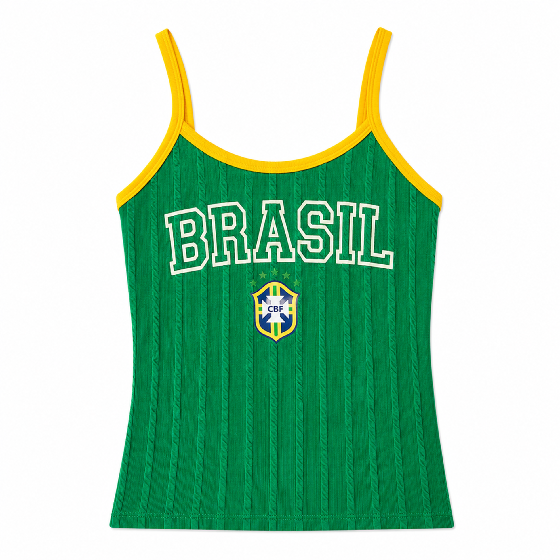 Green tank top with 'BRASIL' and a crest on a white background