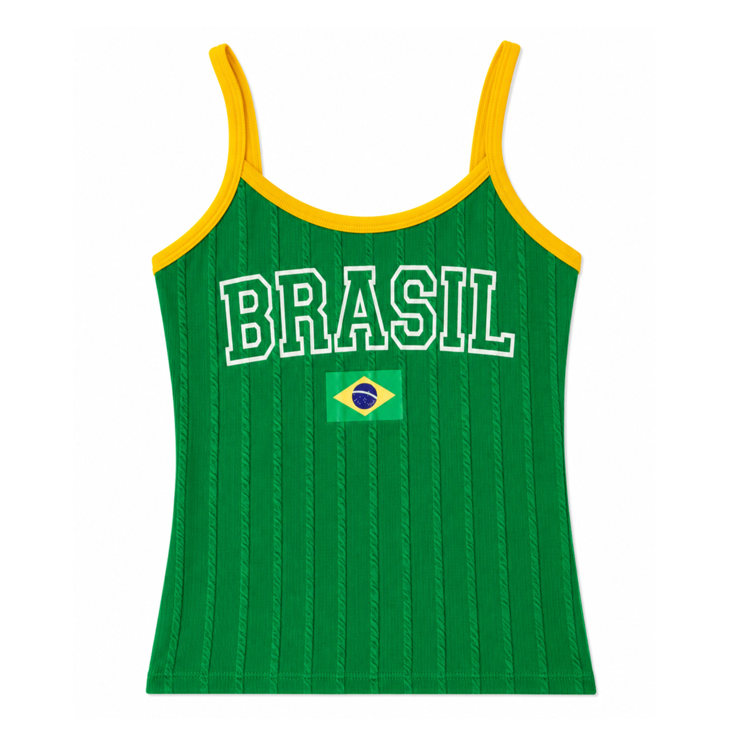 Green textured Brazil ribbed tank top with Brazil flag graphic and padded support