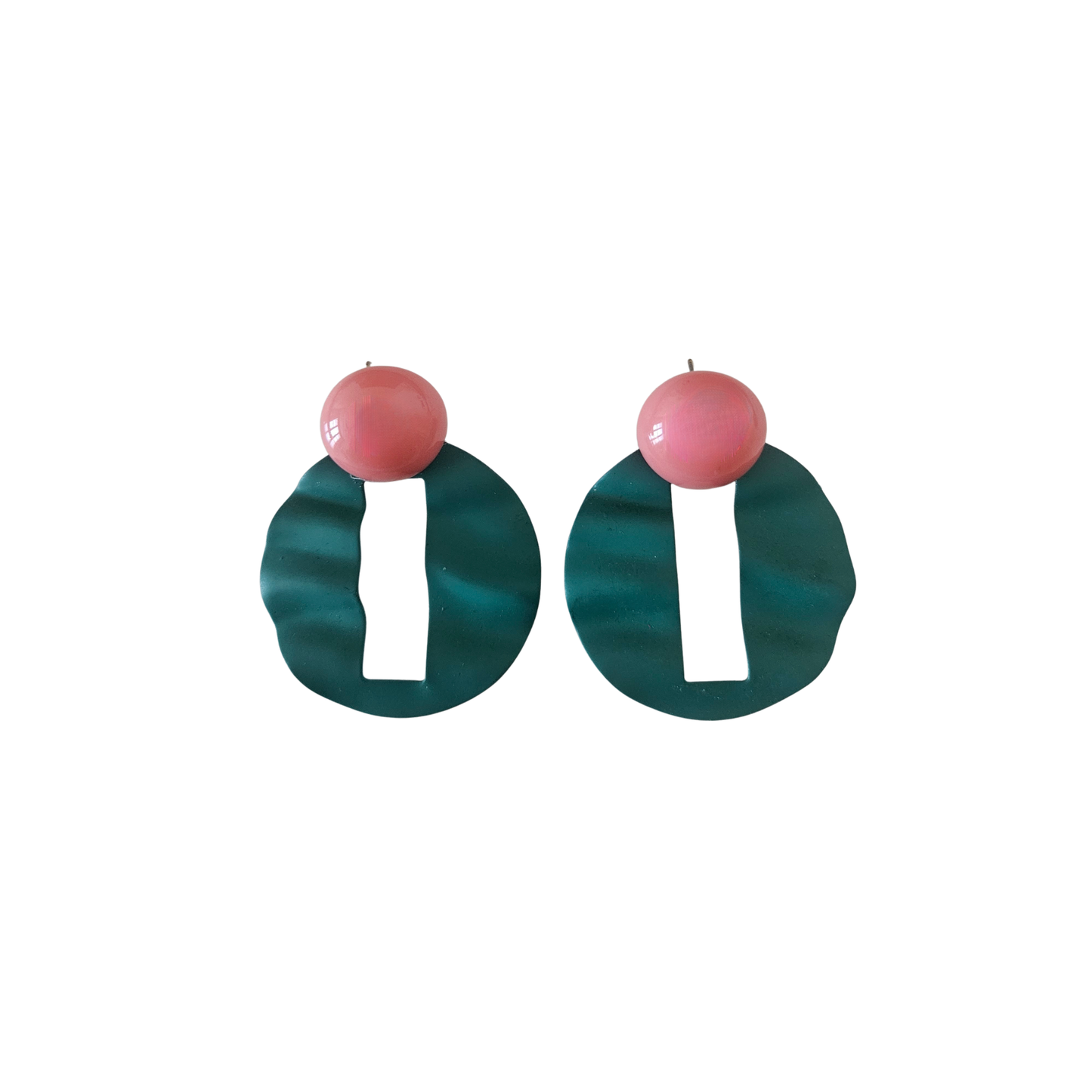 Pair of earrings with pink spherical tops and green circular bases on a white background