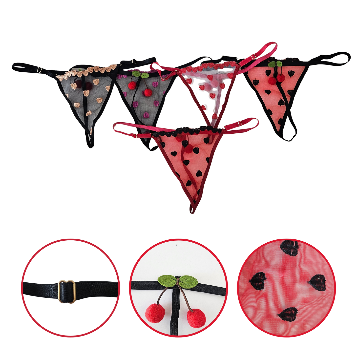 Beija-Flor collection: heart thongs with cherry charms and adjustable gold buckles.