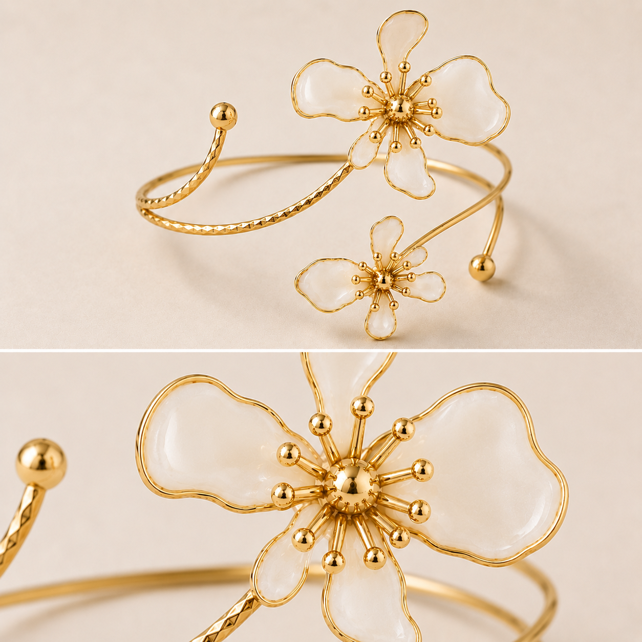 Ivory floral gold cuff bracelet collage featuring full bracelet view and close-up detail