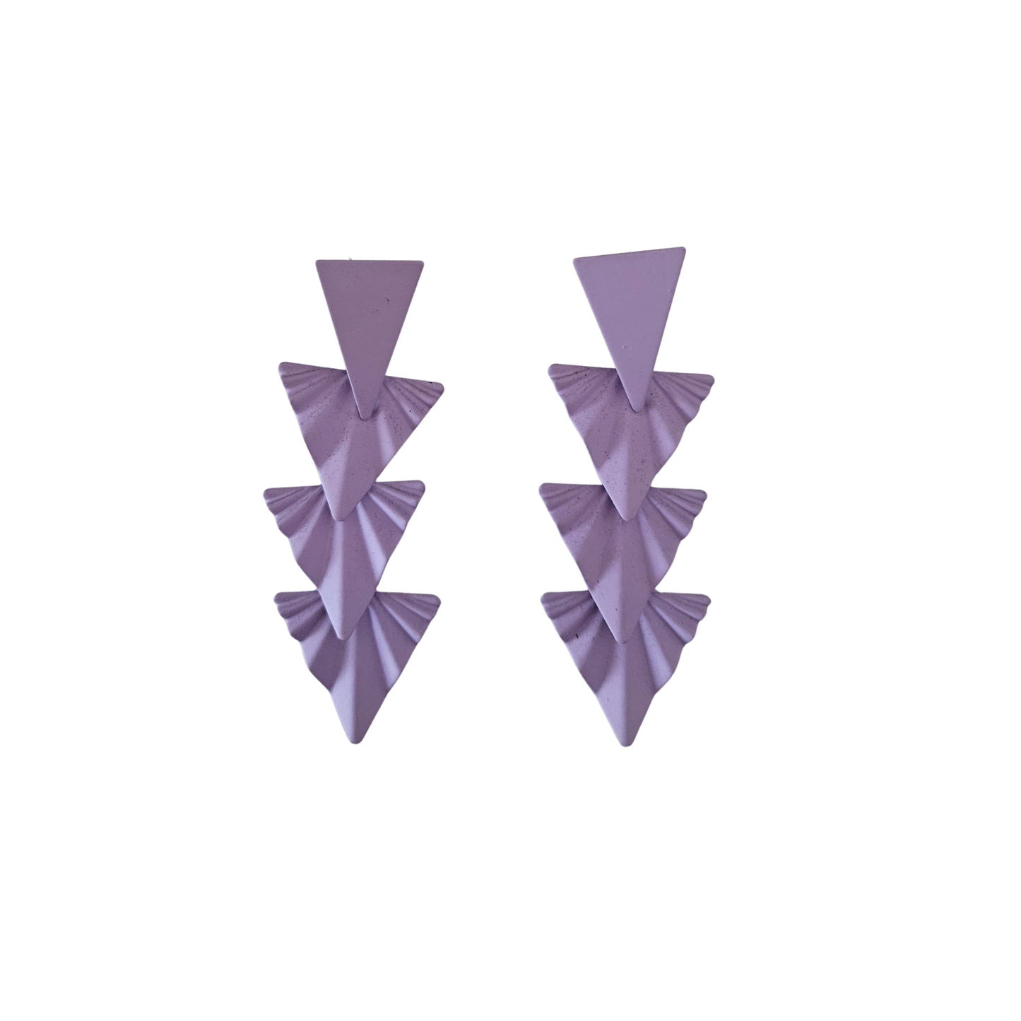 Pair of purple layered triangle earrings on a white background