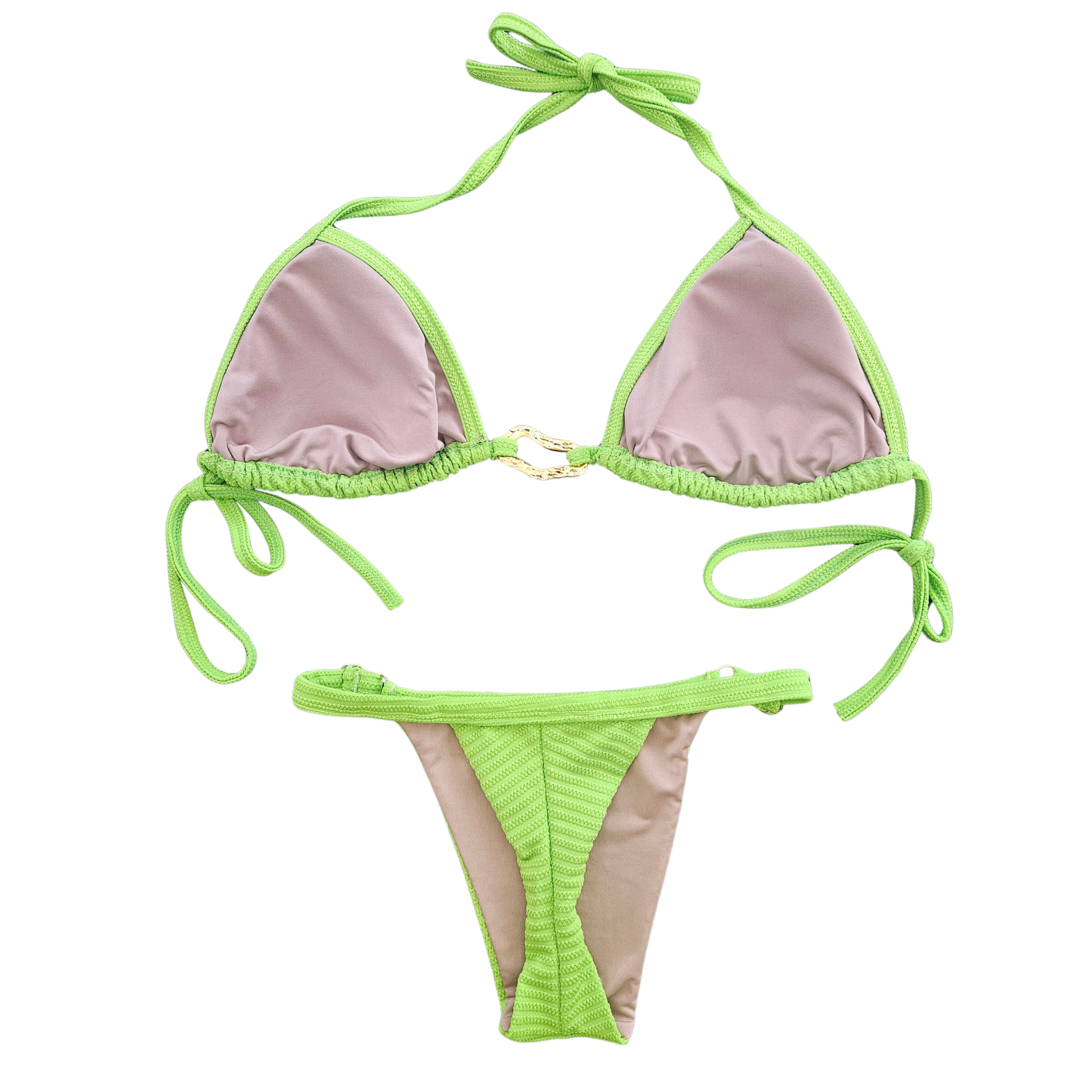 Inside view of neon lime Brazilian bikini with built-in padded cups and fully lined bottom