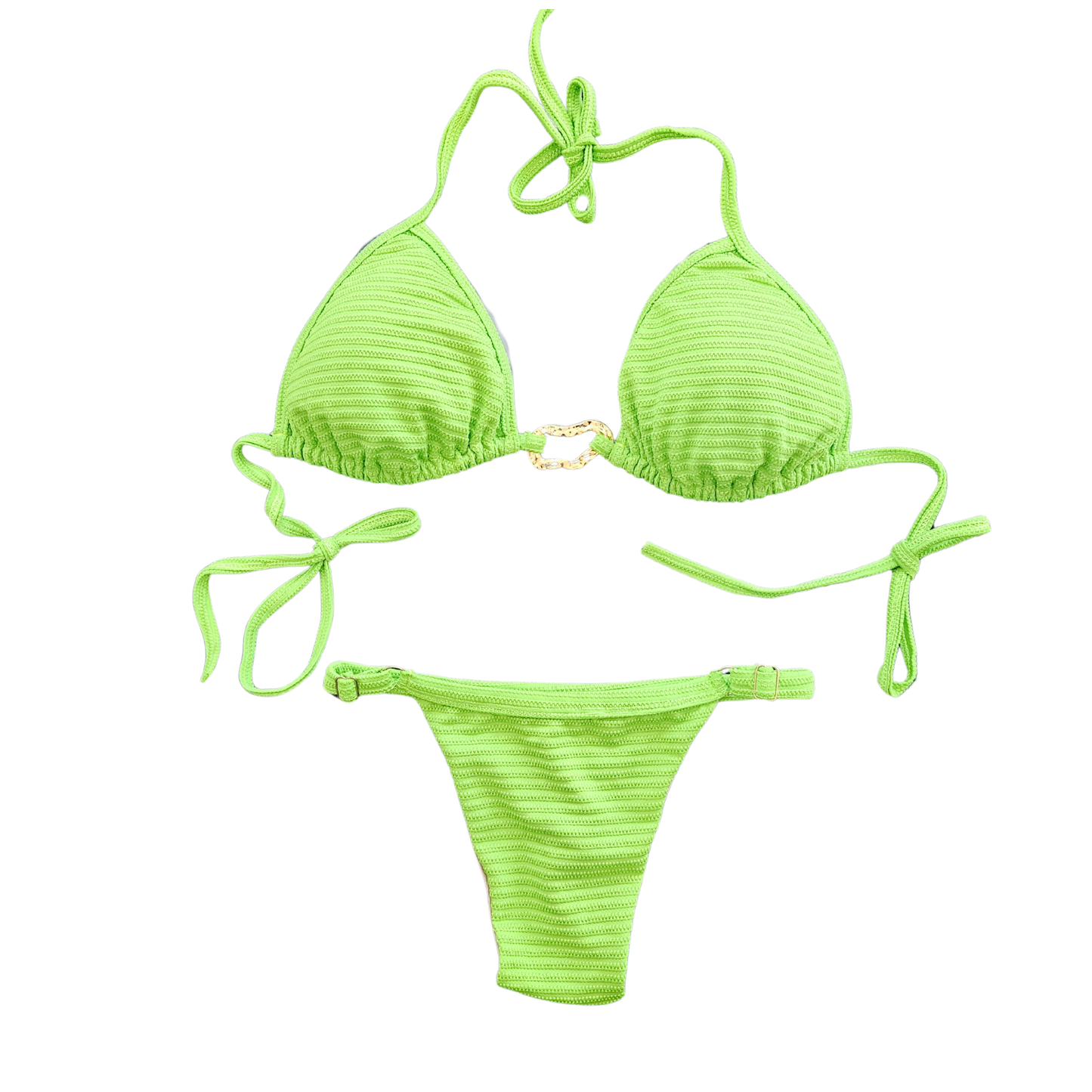 Neon lime textured Brazilian bikini set with adjustable triangle top and minimal tanning bottom
