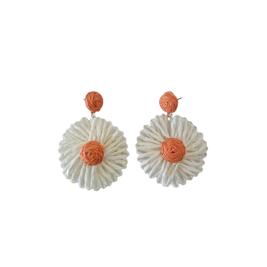 Pair of earrings with white floral design and orange centers on a white background