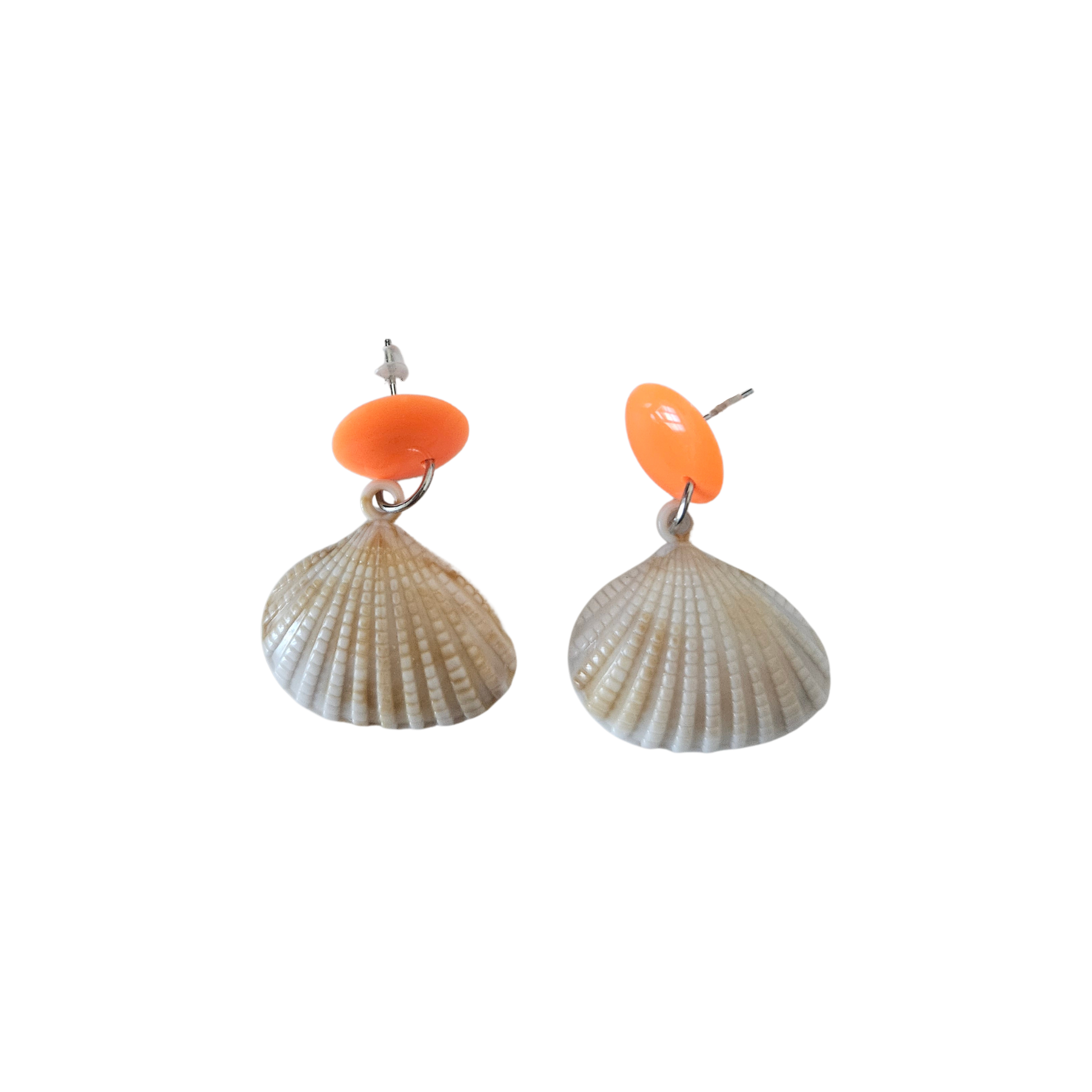 Shell earrings with orange accents on a white background