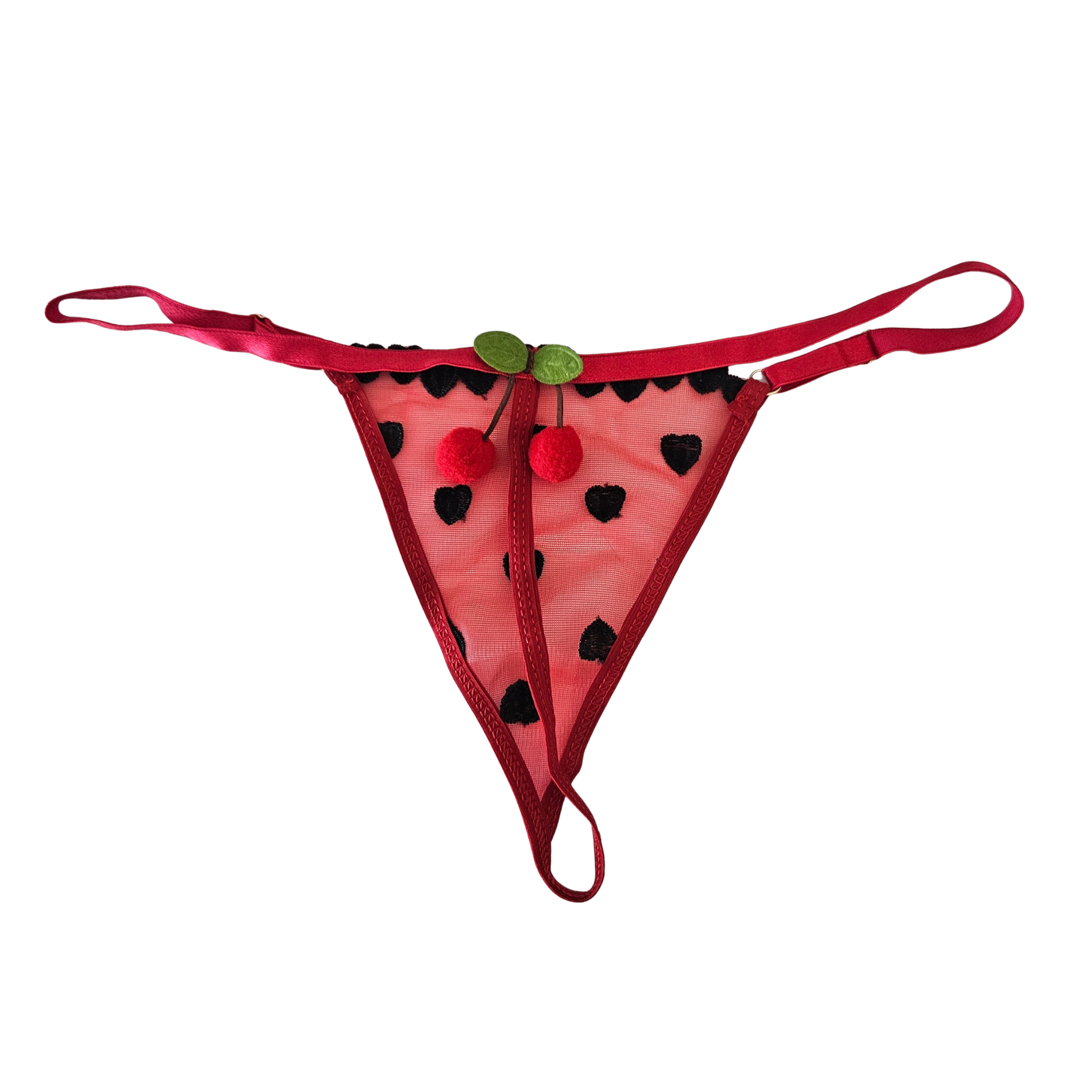 Back of red mesh thong with black heart embroidery and red adjustable straps.