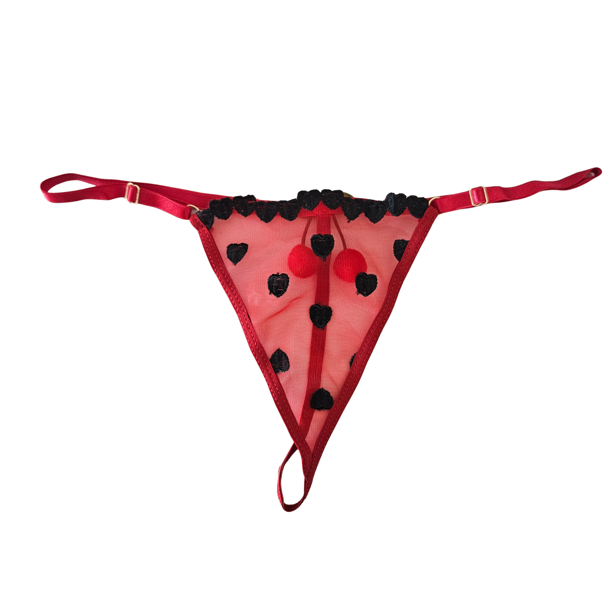 Red mesh thong with black heart embroidery and red black adjustable straps.
