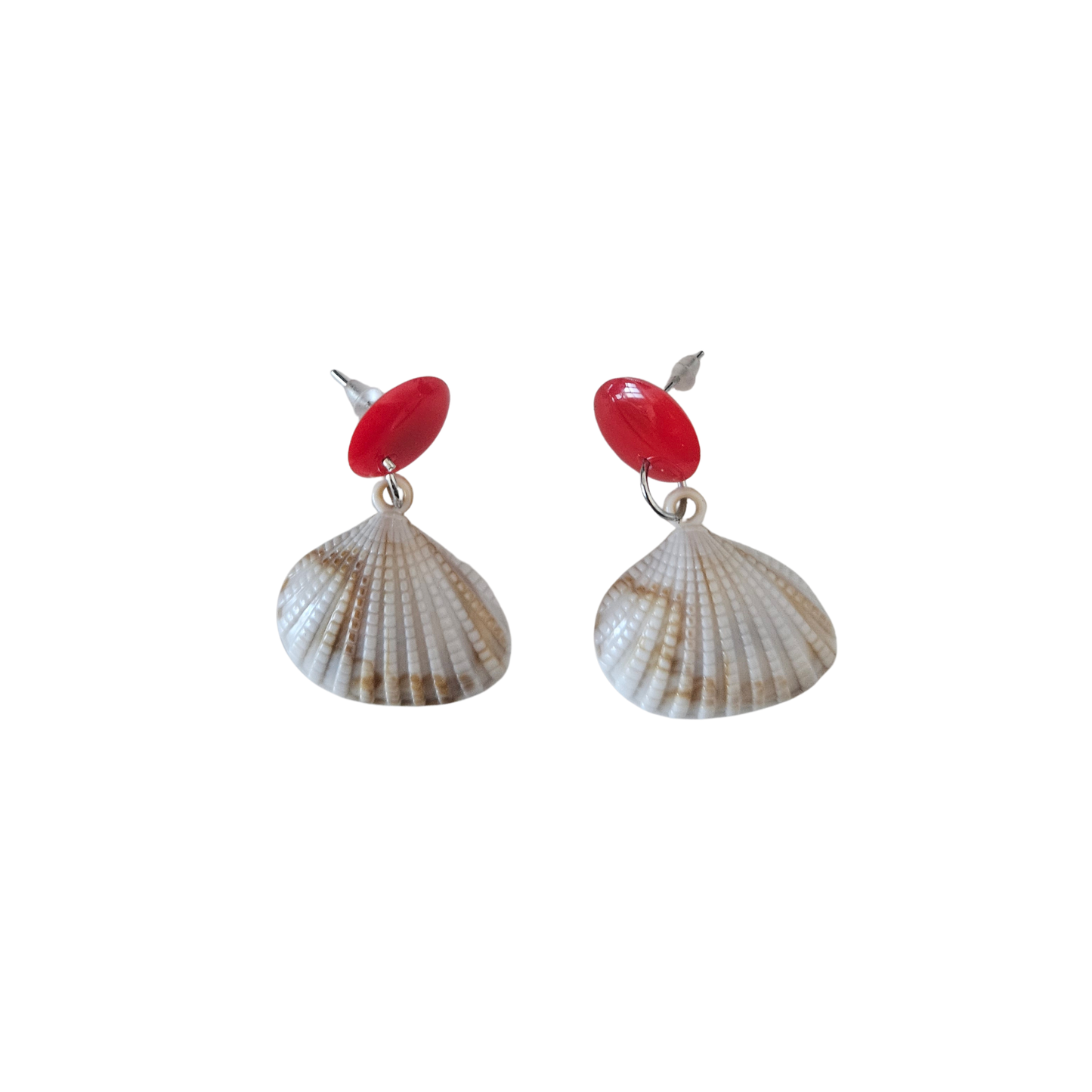 Shell and red stone earrings on a white background