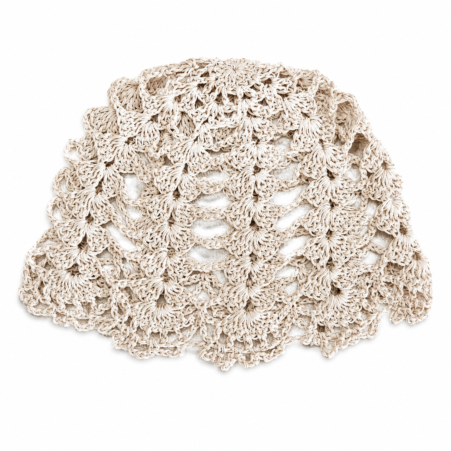 Beige handmade bloom petal crochet cap with lightweight floral crochet design by Rita Rosa Brazilian Beachwear for beachwear and resort styling.