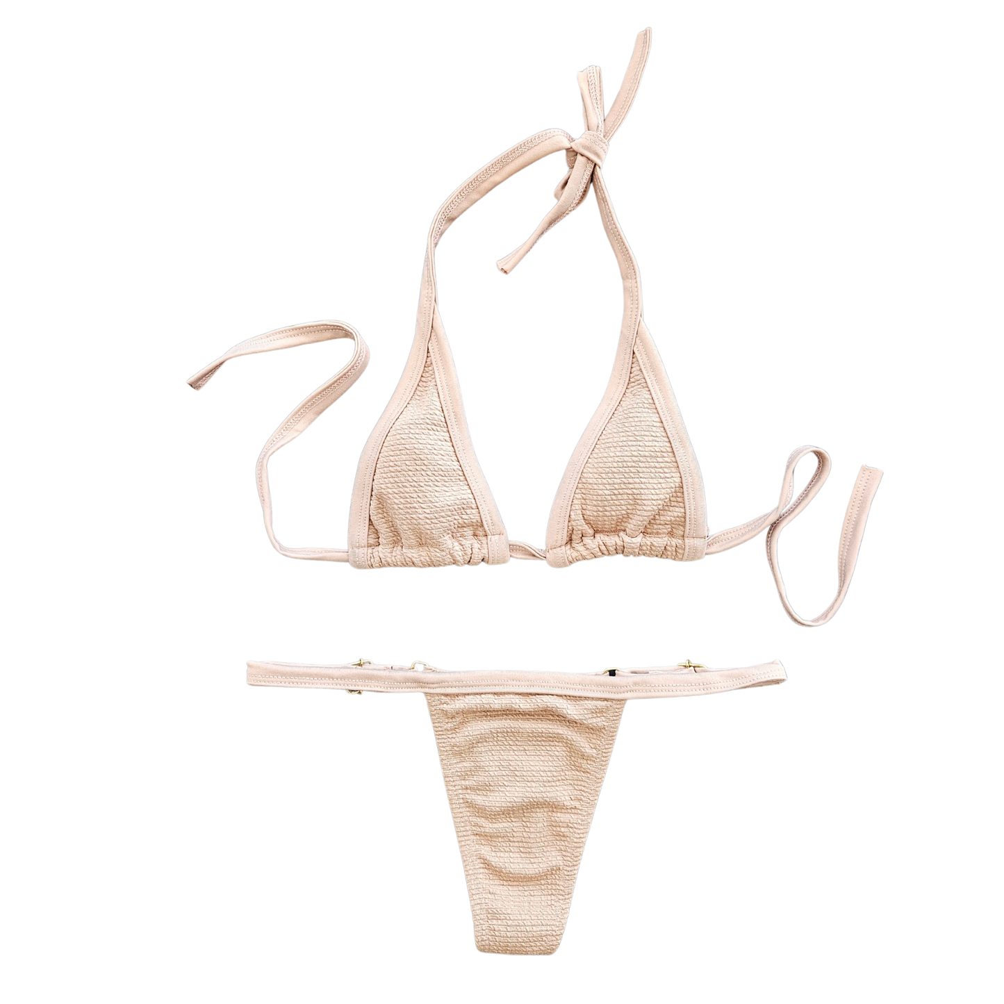 Rita Rosa beige textured Brazilian triangle bikini front view with adjustable straps