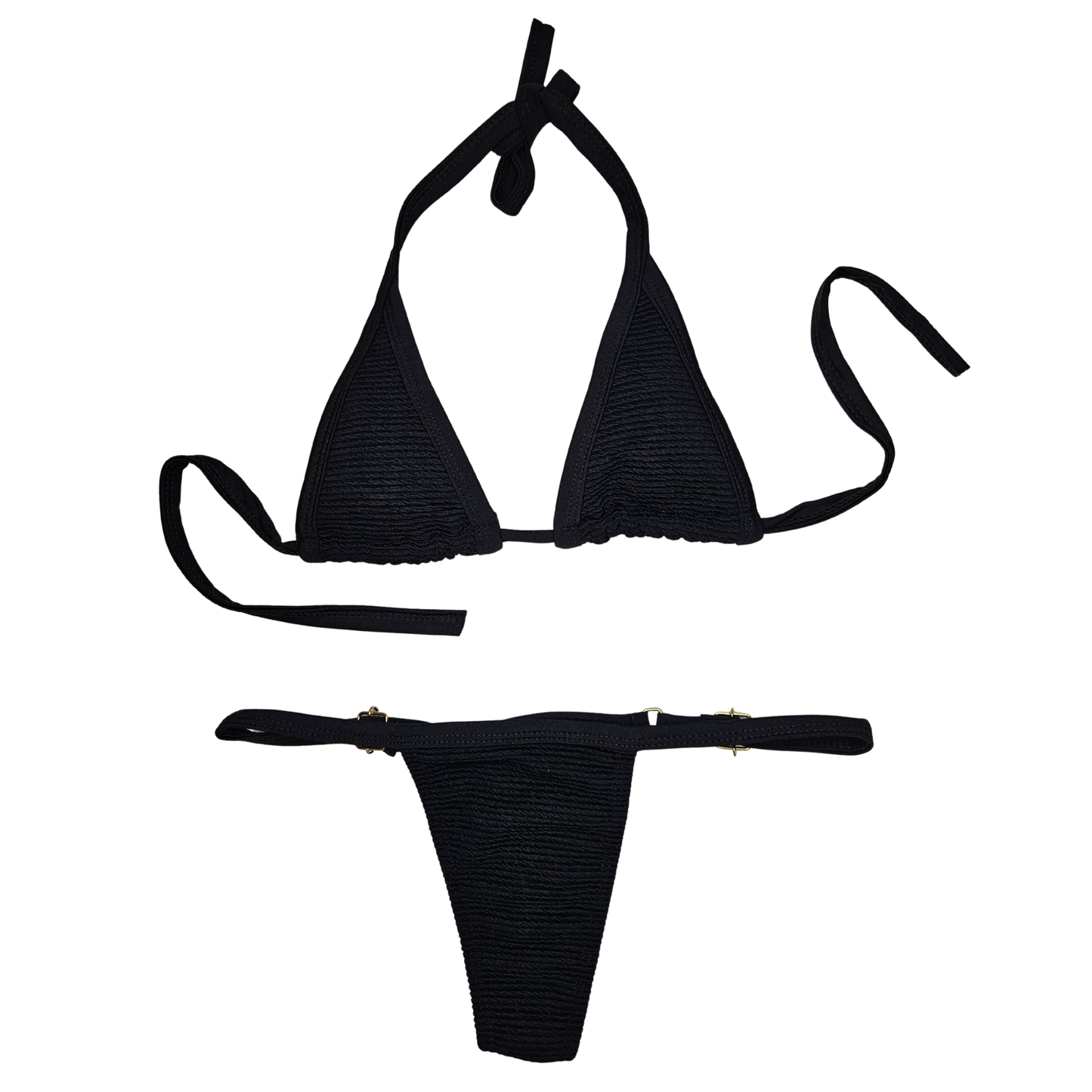 Rita Rosa black textured Brazilian triangle bikini front view with textured fabric