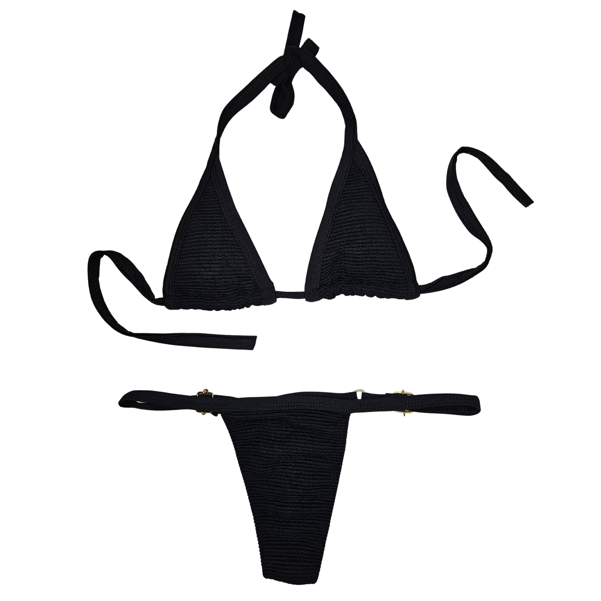 Rita Rosa black textured Brazilian triangle bikini front view with textured fabric