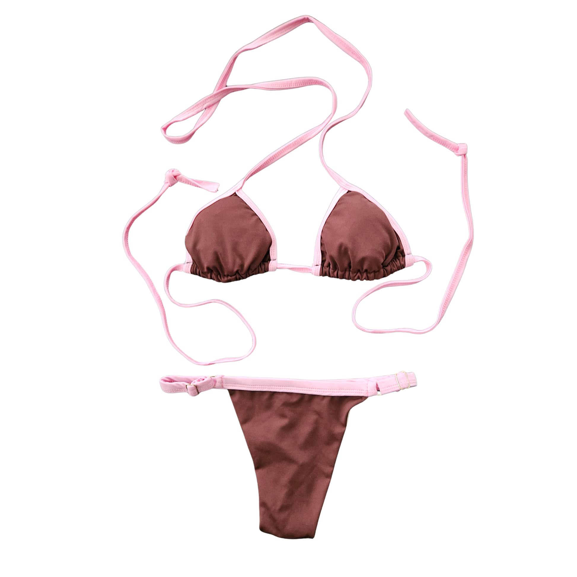 Rita Rosa chocolate and pink Brazilian triangle bikini flat lay