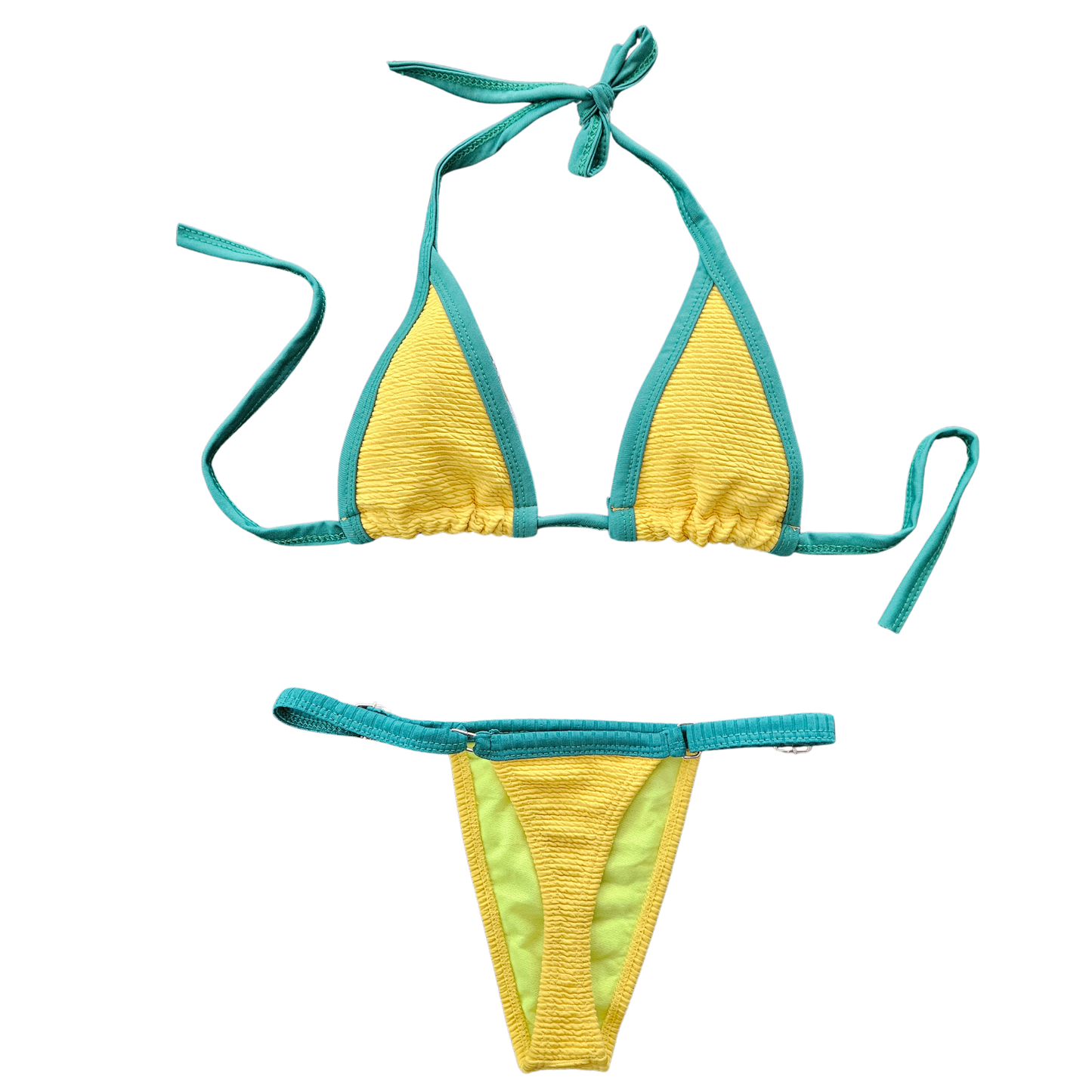 Rita Rosa yellow and green textured Brazilian bikini back view with adjustable bottom
