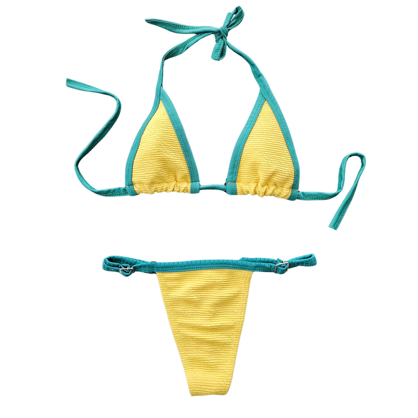 Rita Rosa yellow and green textured Brazilian triangle bikini front view
